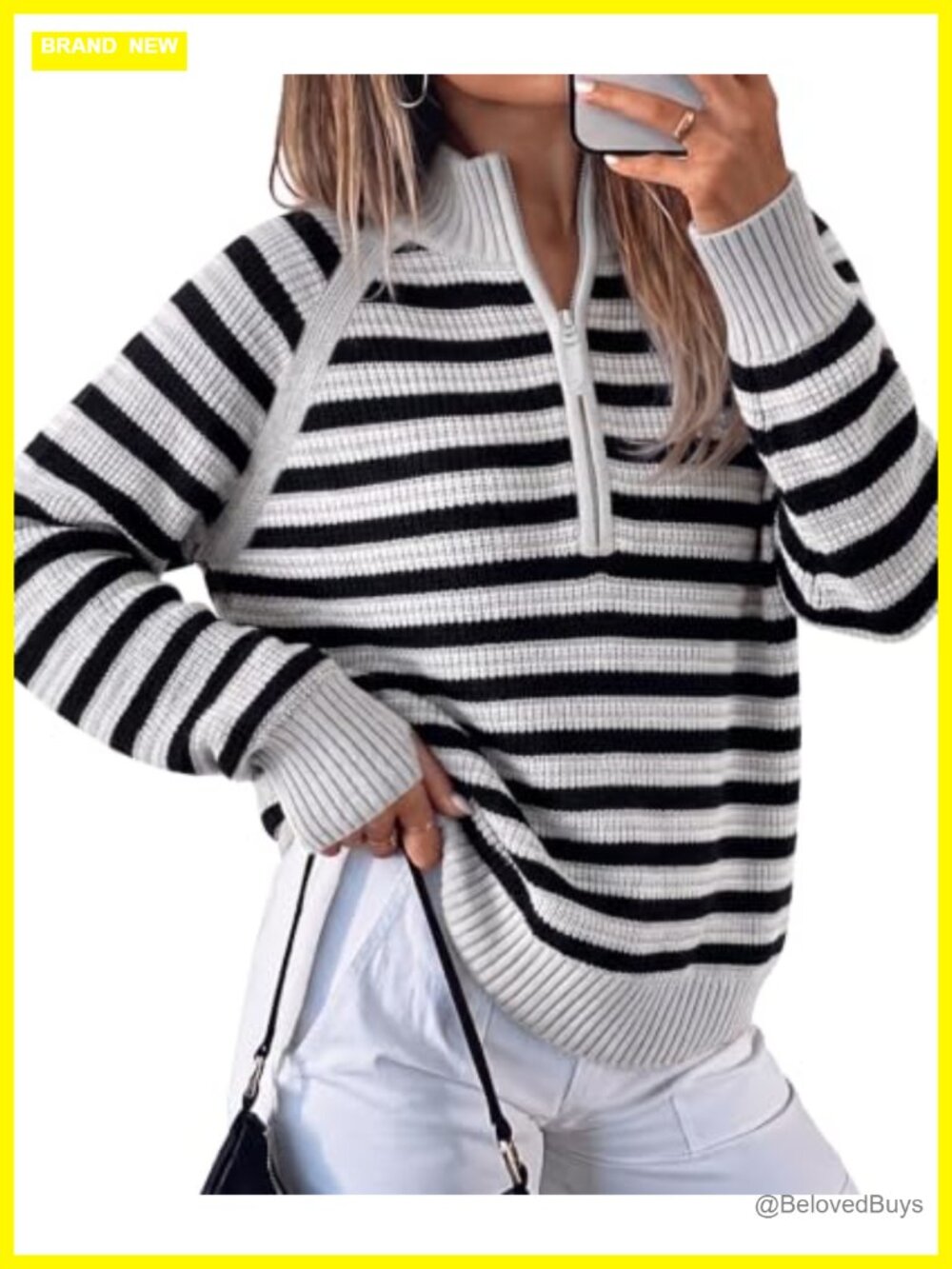 Ribbed Knit Half Zip Striped Pullover Sweater Oversized Mock Neck Thumb Hole